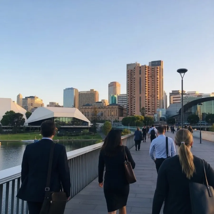 Adelaide skyline and professionals heading to work